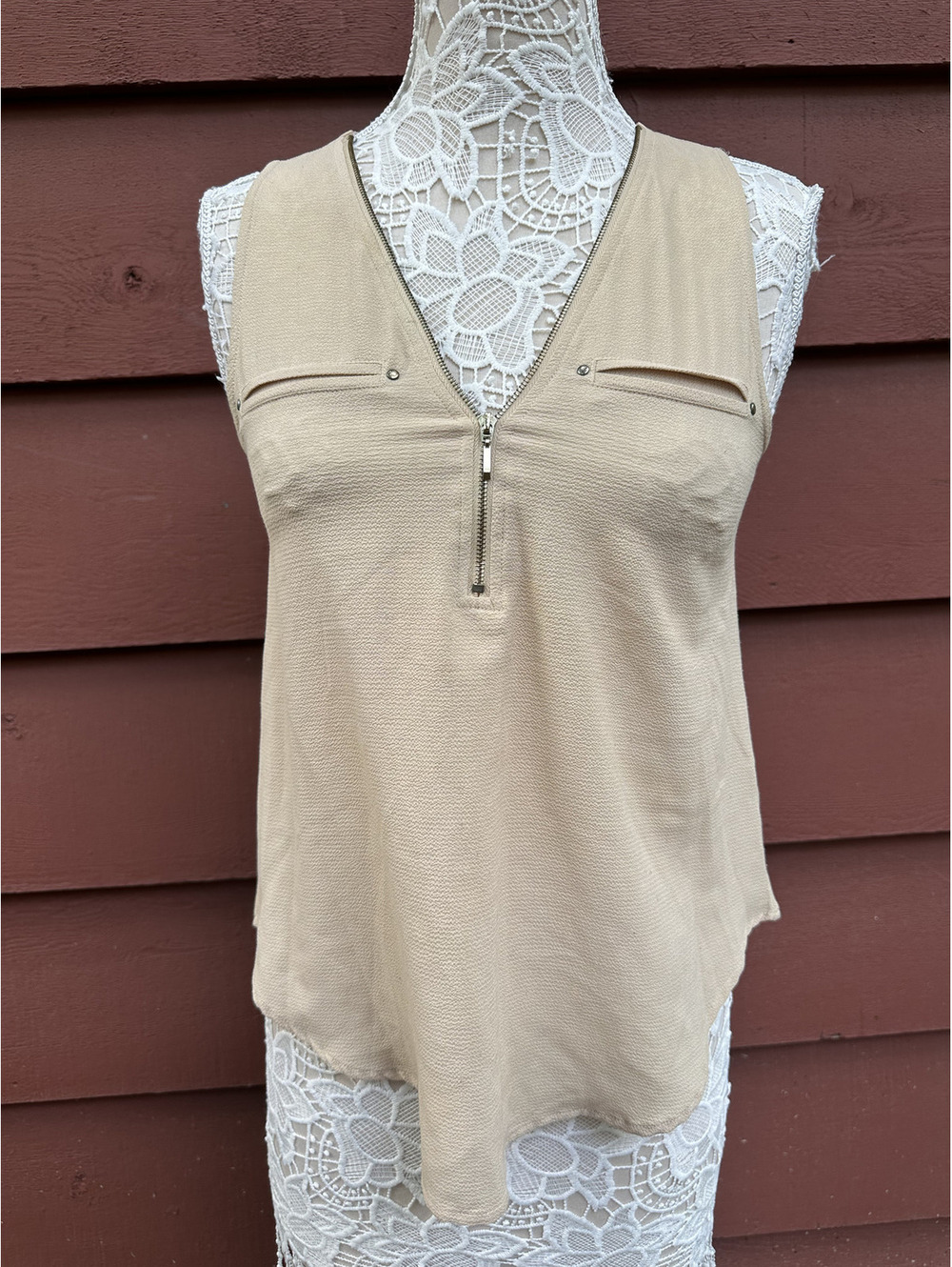 iris Beige Sleeveless Zip Front Top